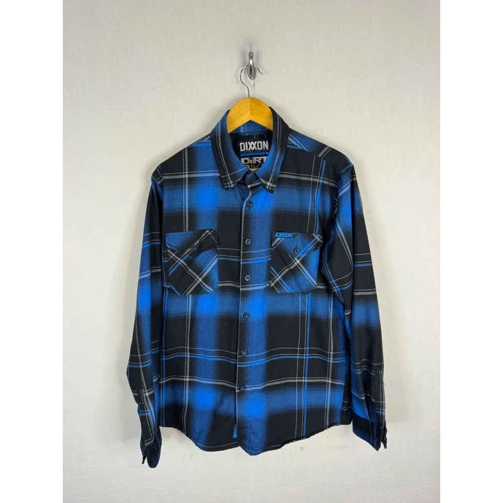 Dixxon Flannel Co x Dirt Bike Kidz DBK Blue Black Plaid D-Tech Shirt Mens Medium